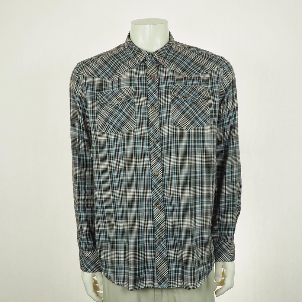 Prana Holstad Pearl Snap Western Shirt Mens Large Brown Plaid Cotton Blend Yoke